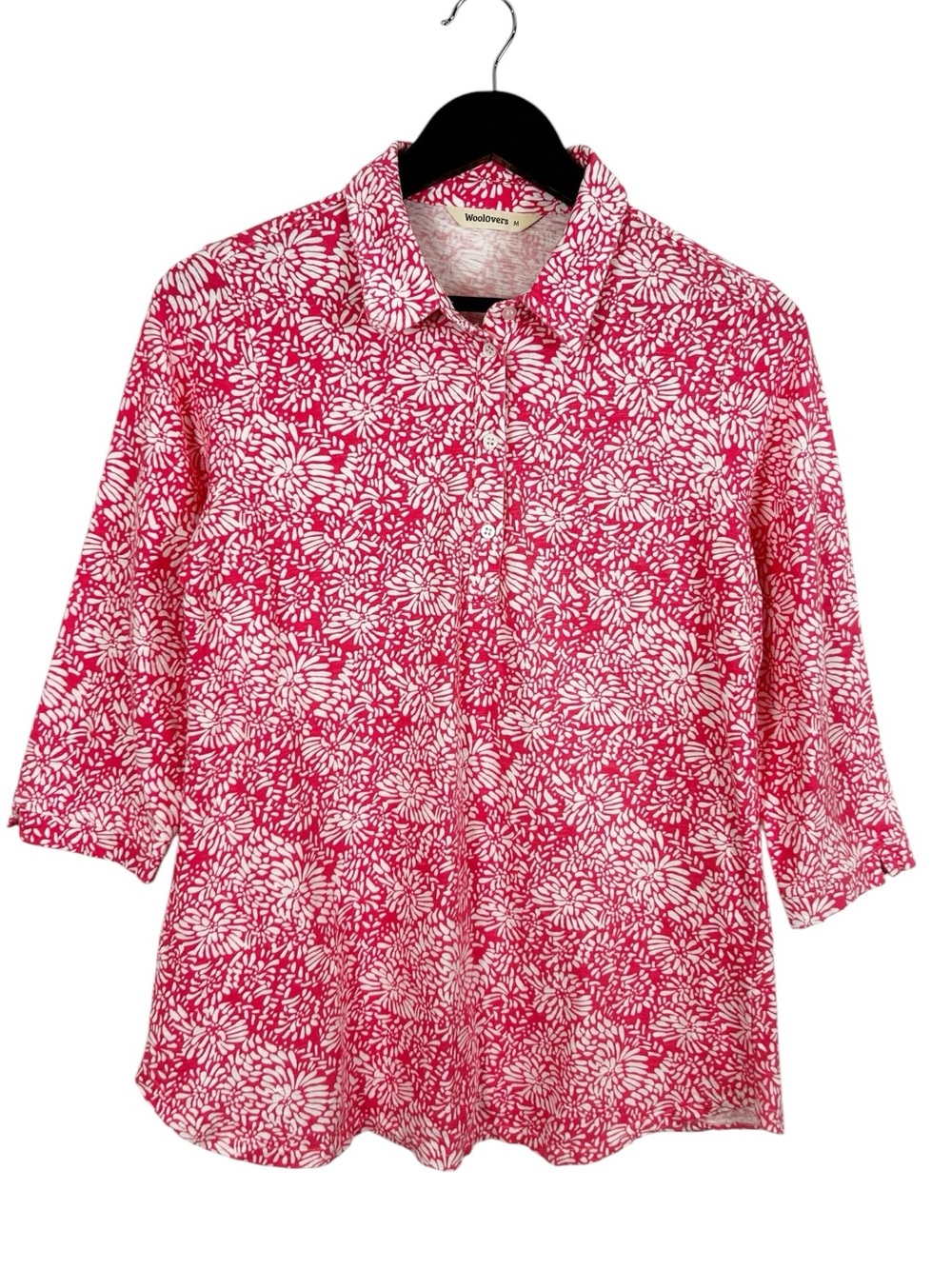 WoolOvers Pink Floral 3/4 Sleeve Blouse Women's Size Medium 100% Organic Cotton